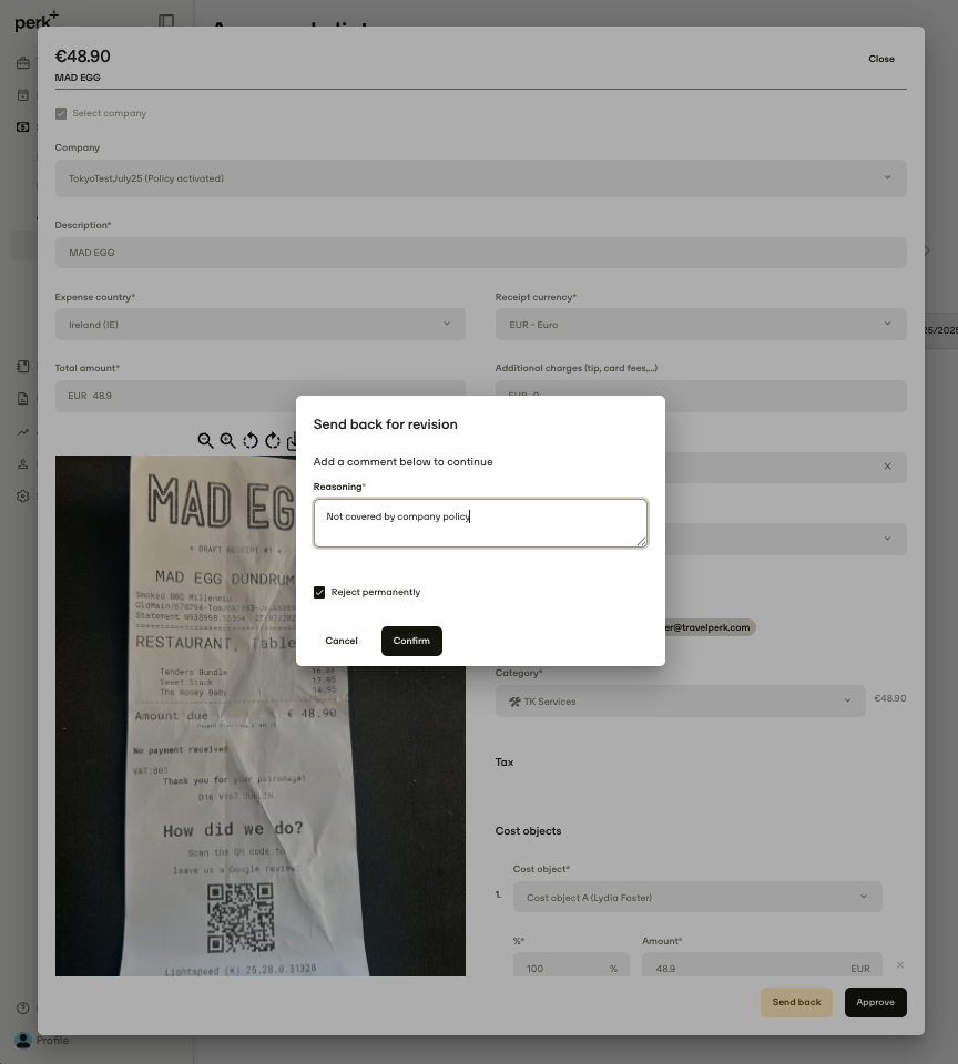 reject expense in web