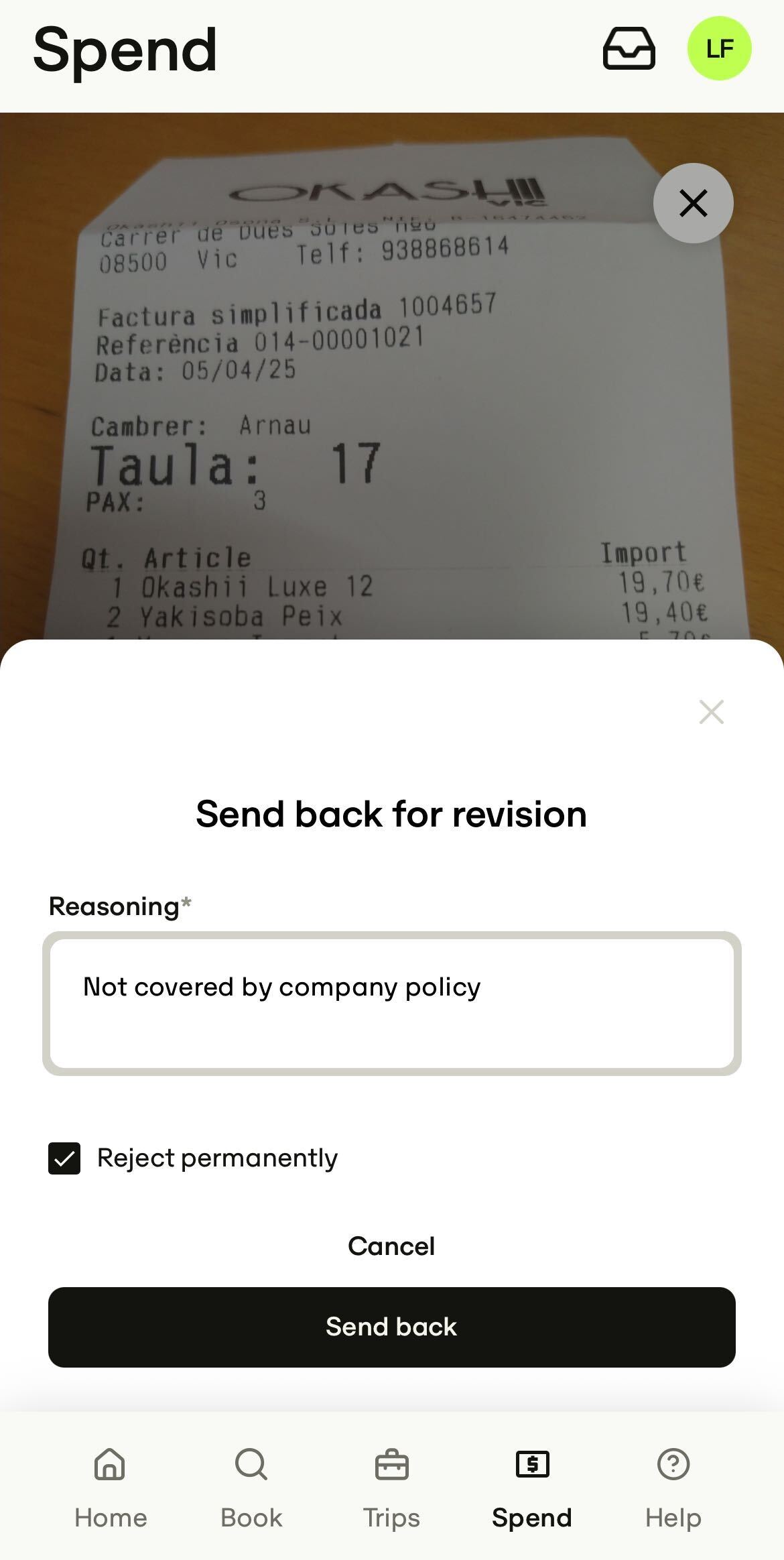 reject expense in mobile