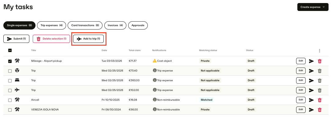 My tasks screen that shows a list of single-expenses. One expense has been selected and an Add to trip button appears at the top of the table