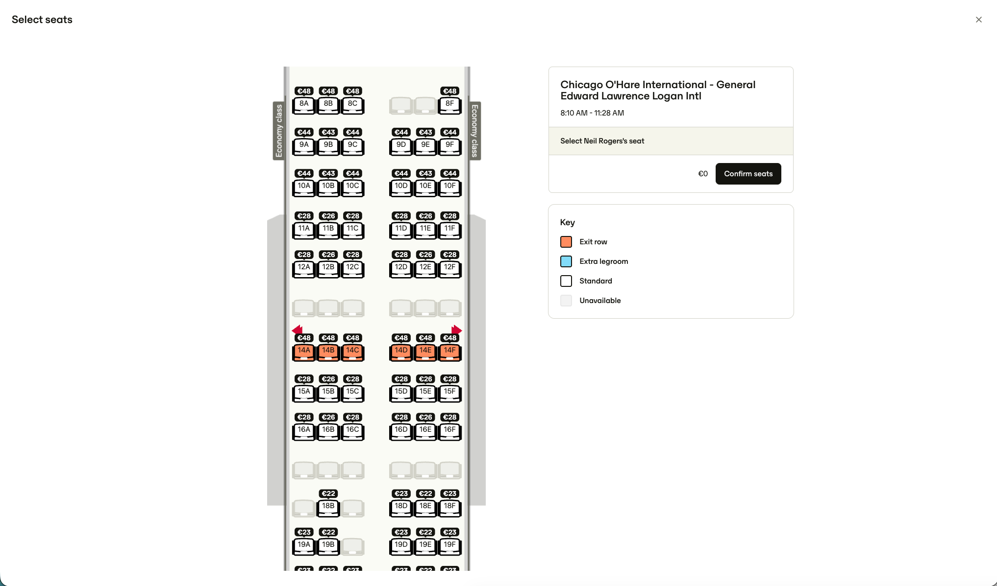 Airplane map showing seat selection
