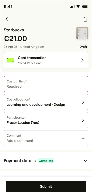 Single expense in the Perk mobile app