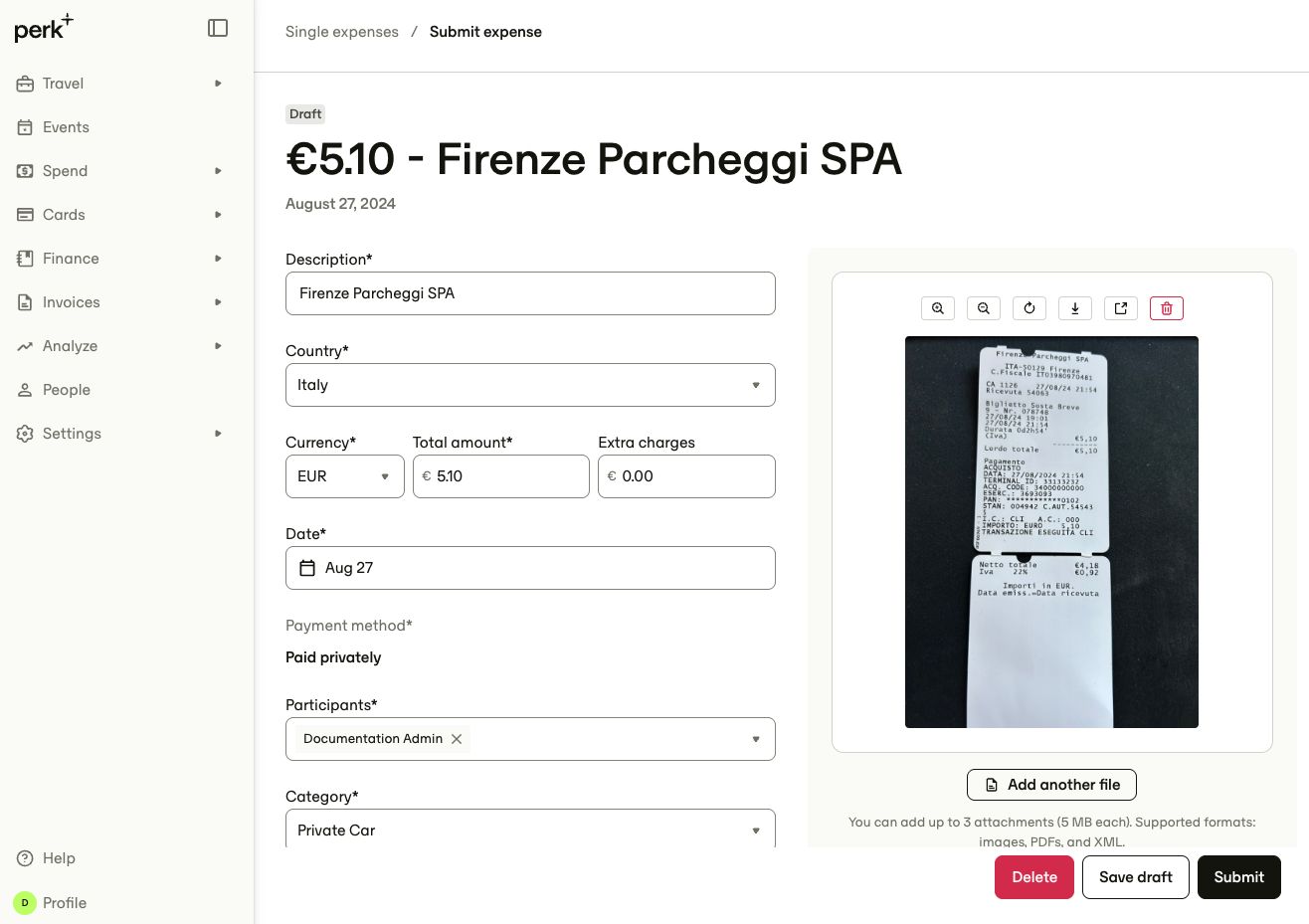 Single expense in the Perk web app