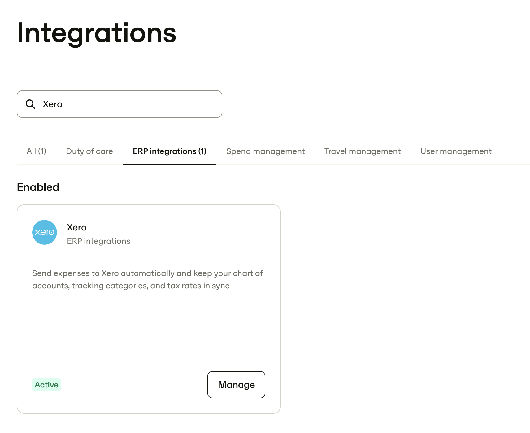 ERP integrations tab with the Xero card