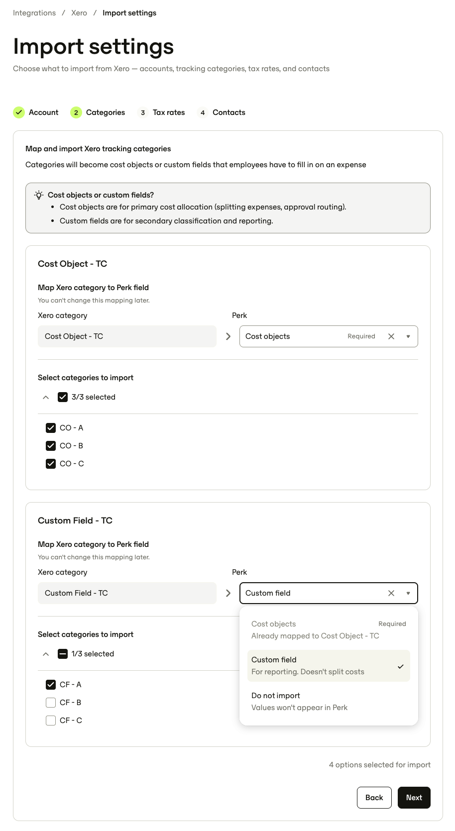 Tracking categories step