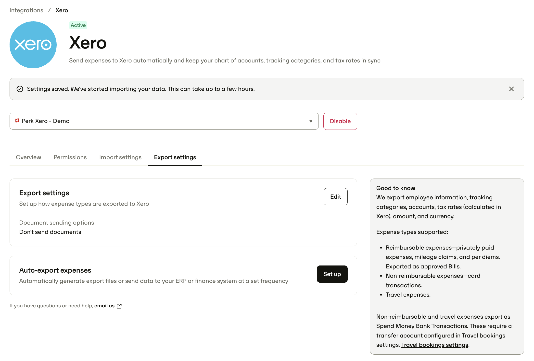 Export settings tab