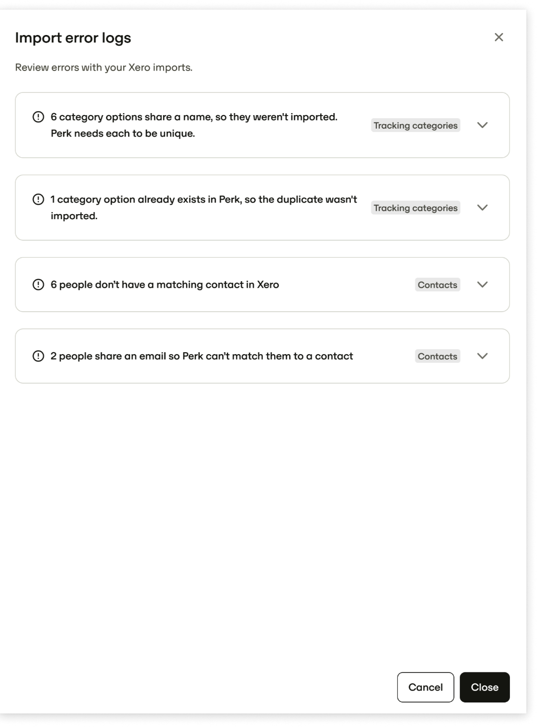 Import error logs panel